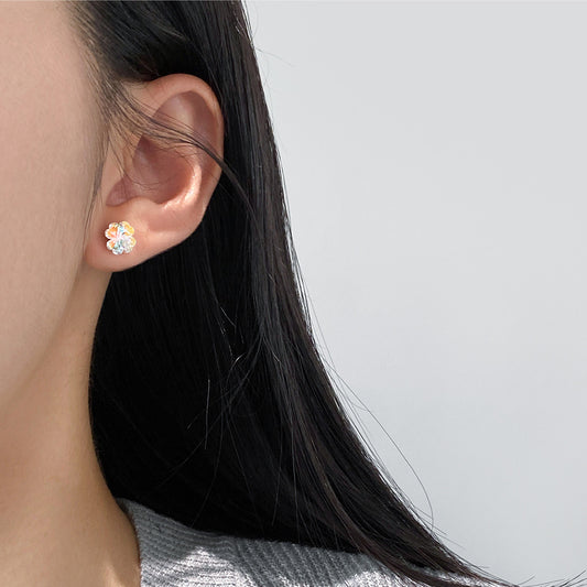 wholesale 925 sterling silver earrings colorful crystal four leaf clover stud earrings on model ear