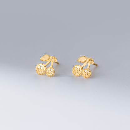 Cherry design wholesale 925 sterling silver stud earrings in gold, cute fruit earrings for gift jewelry wholesale.