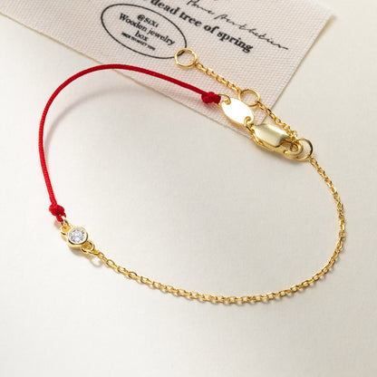 Gold chain and red string cubic zirconia bracelet for women, 925 sterling silver wholesale fashion jewelry.