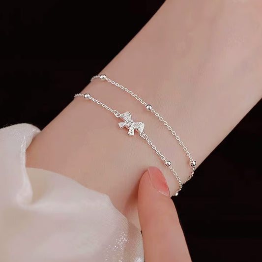 double layer stacking bowknot 925 silver bracelet