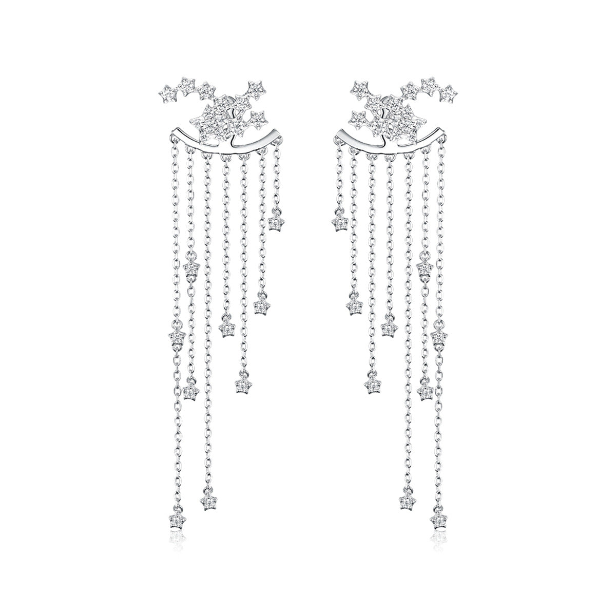 Studio product shot of wholesale 925 sterling silver star tassel drop earrings with cubic zirconia accents and long chain design for women.