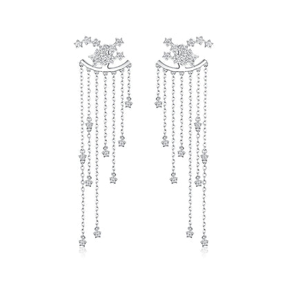 Studio product shot of wholesale 925 sterling silver star tassel drop earrings with cubic zirconia accents and long chain design for women.