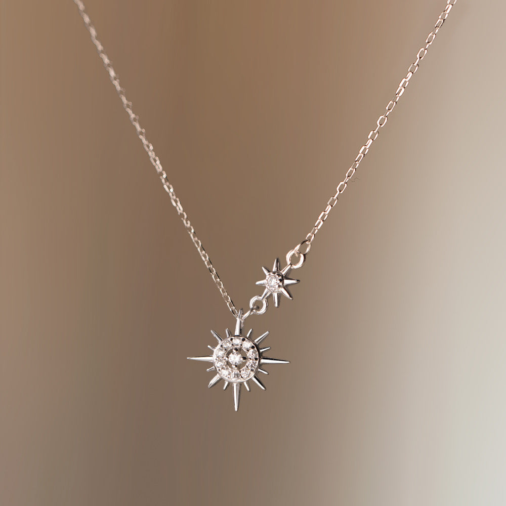 Close view of 925 silver sunburst zircon pendant necklace with star charm