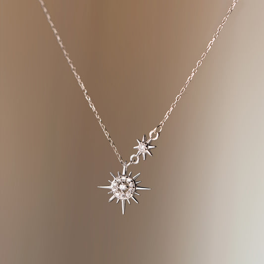Close view of 925 silver sunburst zircon pendant necklace with star charm