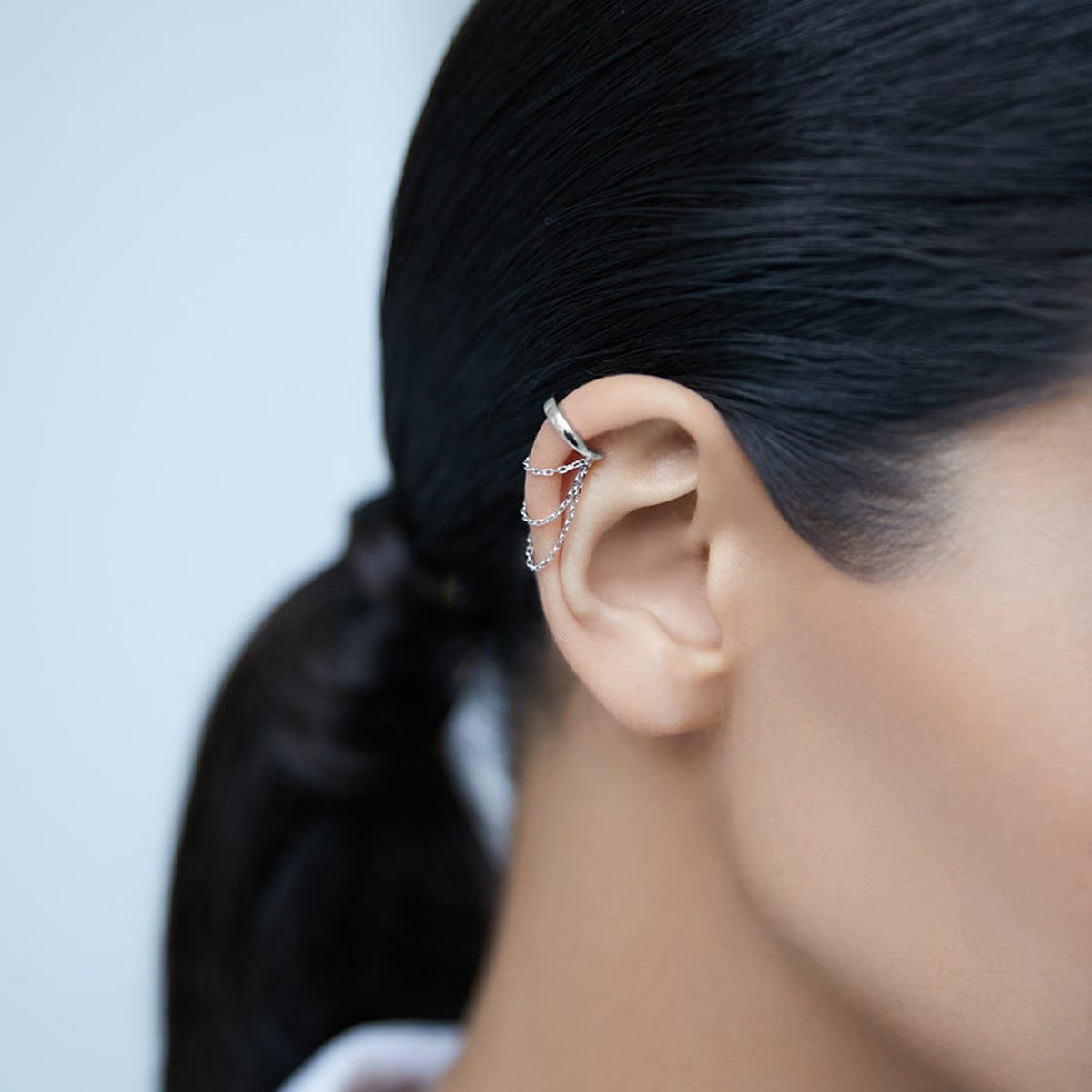 925 sterling silver wholesale chain ear cuff, non-piercing clip-on earring with layered chains, stylish minimalist design.
