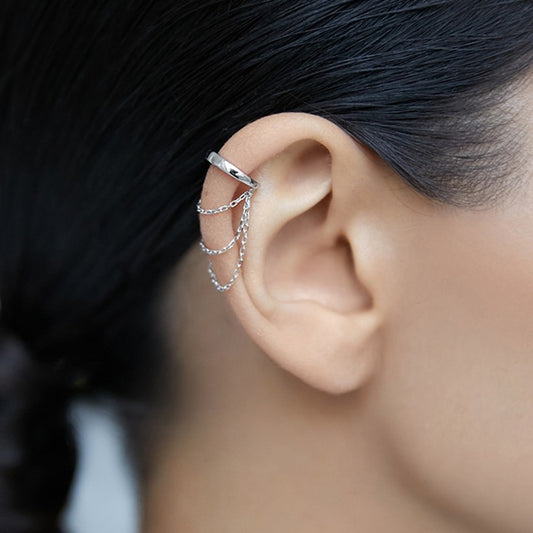 Wholesale 925 sterling silver ear cuff with chains, non-piercing clip-on earring single piece, trendy and adjustable design