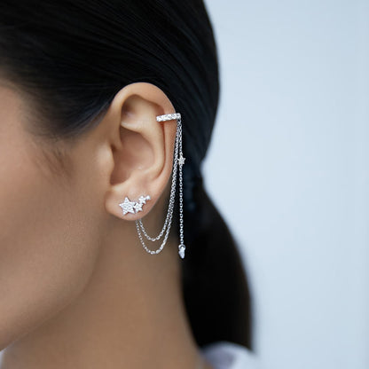 Model wearing 925 sterling silver cubic zirconia star tassel single ear cuff, non pierced design for women, ideal for 925 sterling silver earrings wholesale suppliers.