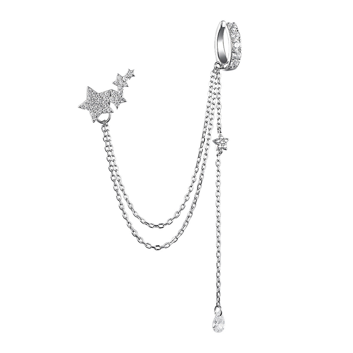Product photo of 925 sterling silver cubic zirconia star tassel chain ear cuff, hypoallergenic non pierced earring for 925 sterling silver earrings wholesale.