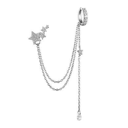 Product photo of 925 sterling silver cubic zirconia star tassel chain ear cuff, hypoallergenic non pierced earring for 925 sterling silver earrings wholesale.