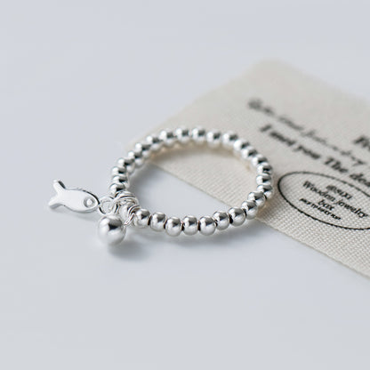 Wholesale 925 sterling silver beaded fish charm ring with CZ ball detail, minimalist everyday jewelry for women