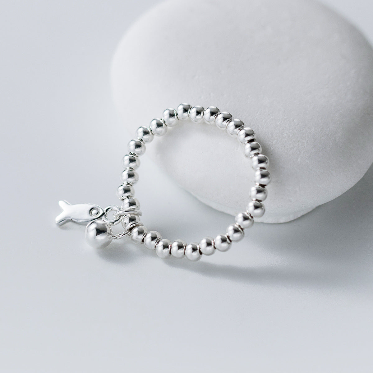 Minimalist wholesale 925 silver beaded ring with dangling lucky fish charm and ball pendant for everyday wear
