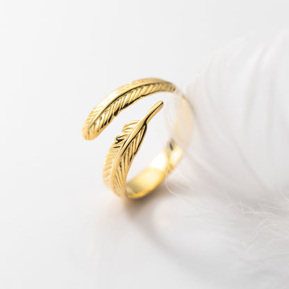 gold Feather Ring adjustable 925 Sterling Silver JR fashion