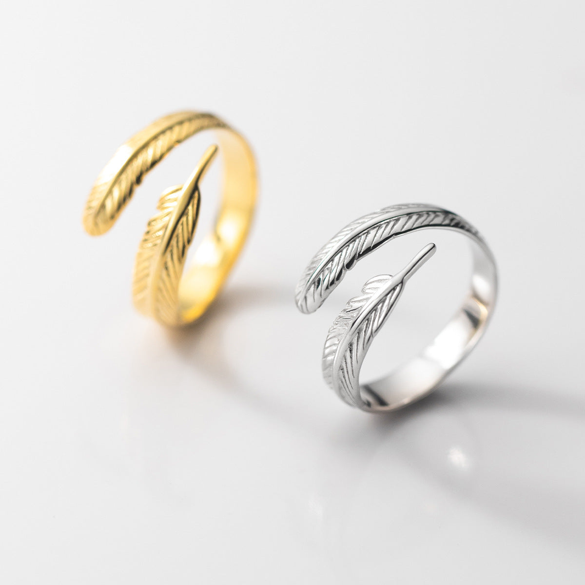 gold and silver Adjustable Feather Rings for Women 925 Sterling Silver