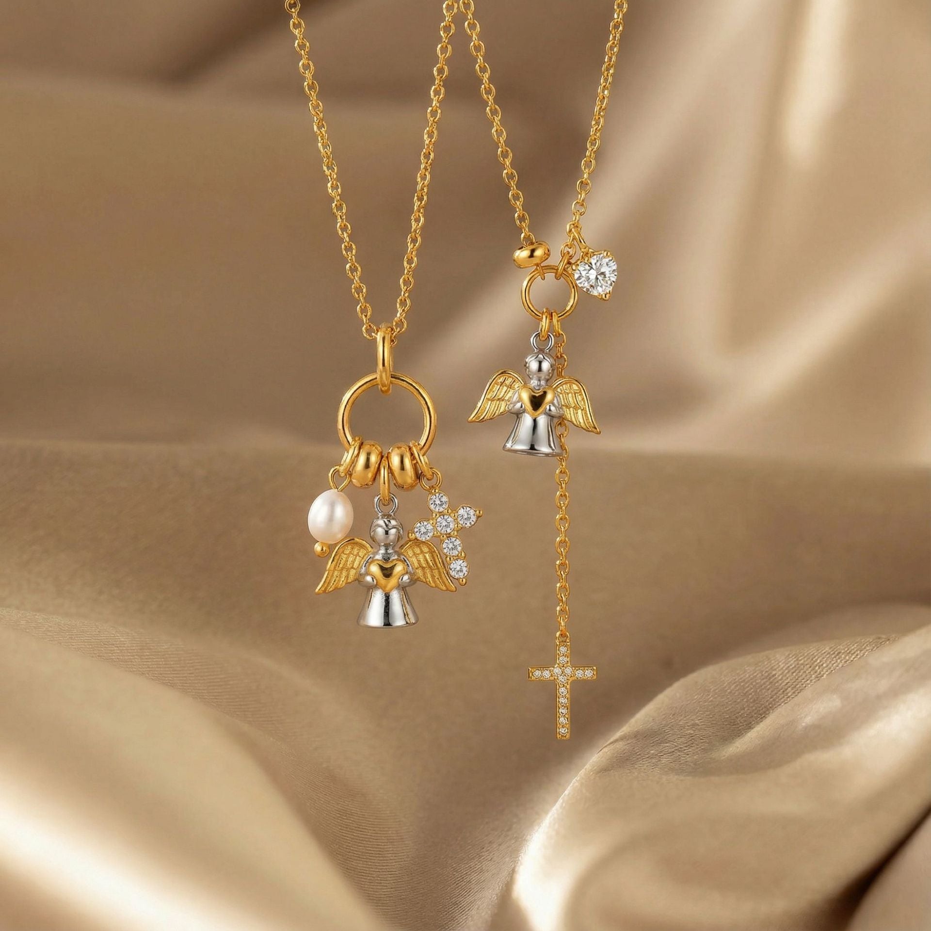 Close up of angel wings charm cluster with pearl style bead zircon letter charm and cross pendant