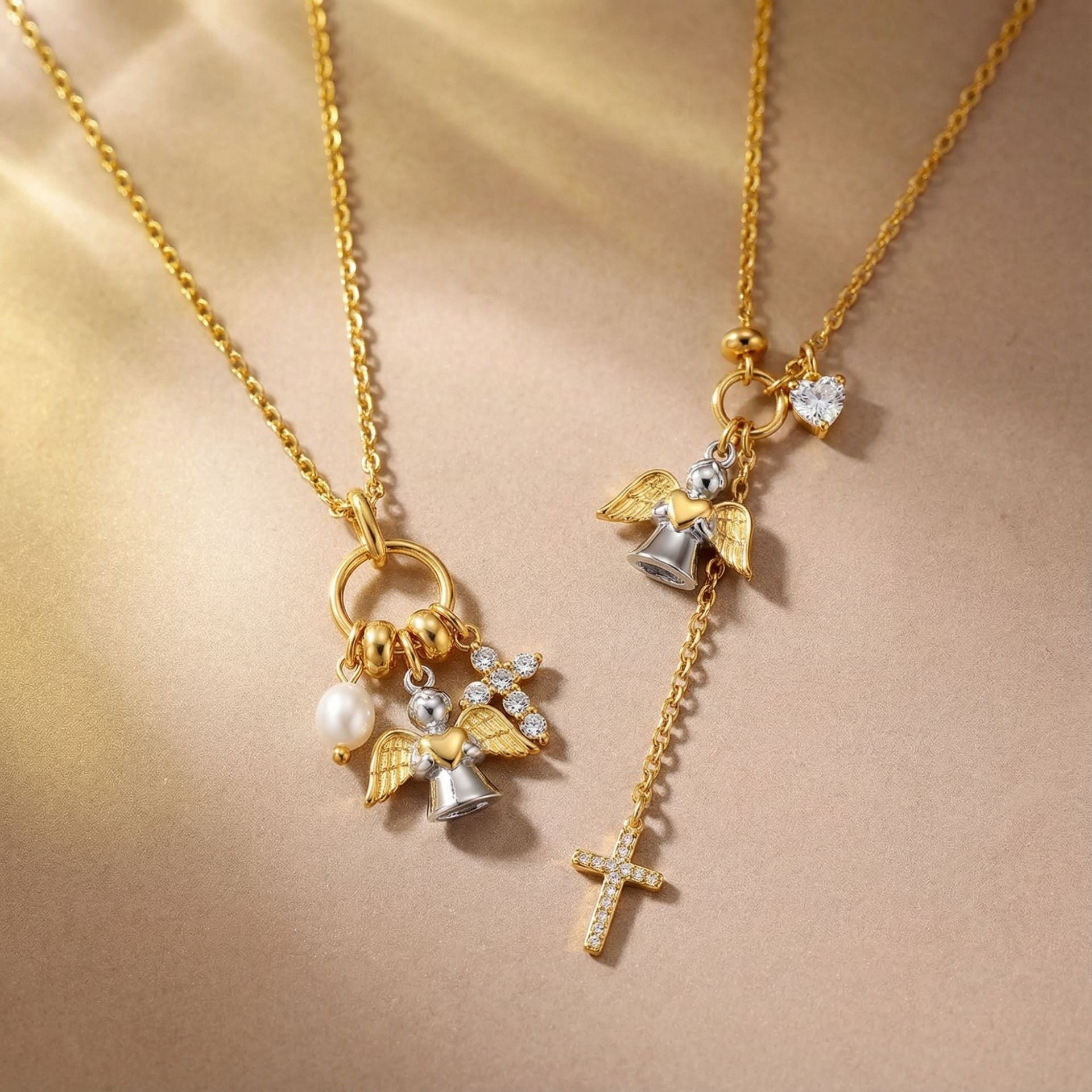 Angel wings cross necklace product photo showing layered chains zircon heart charm and zircon cross pendant