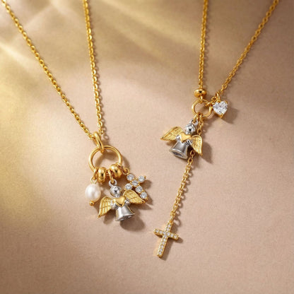 Angel wings cross necklace product photo showing layered chains zircon heart charm and zircon cross pendant