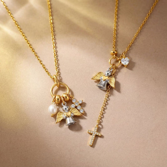 Angel wings cross necklace product photo showing layered chains zircon heart charm and zircon cross pendant