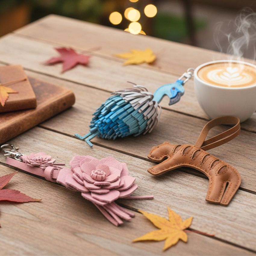 Pink floral handmade leather keychain bag charm for women handbags, ideal for bag charm wholesale and boutique gift shops