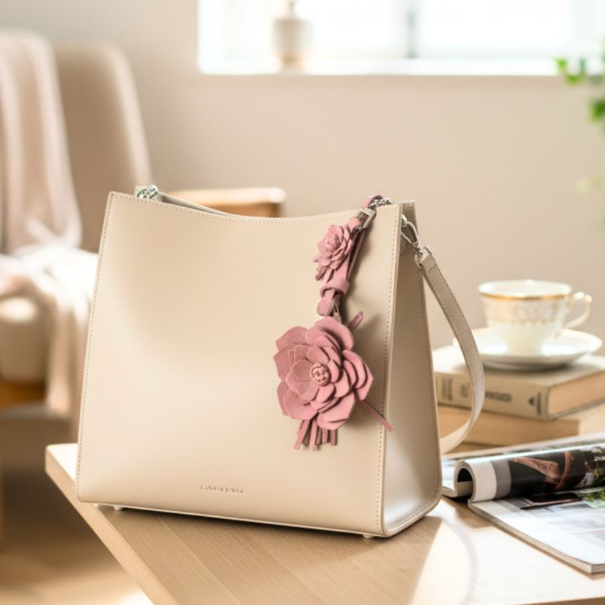 Animal and floral bag charm wholesale set including blue bird, pink flower, and tiger handmade leather keychains for handbag gift ideas