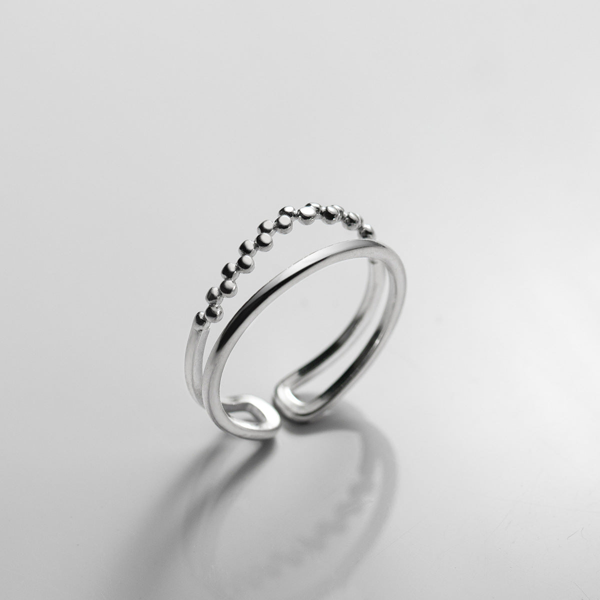 925 Sterling Silver Beaded double layers open Ring