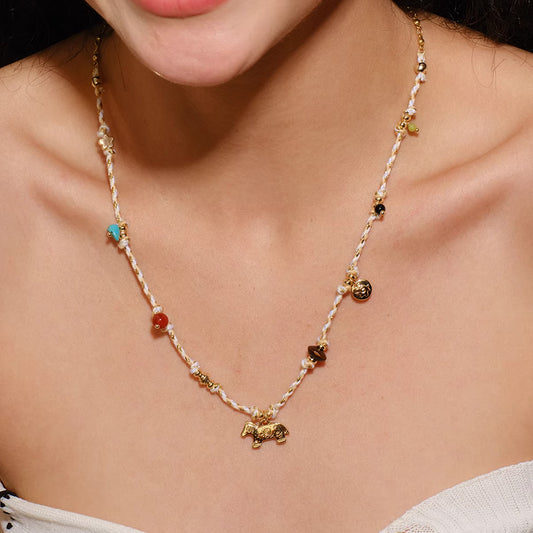 Bohemian Natural Stone Beaded Rope Horse Pendant Necklace Fashion Brass Jewelry Wholesale Set of 5 worn on model