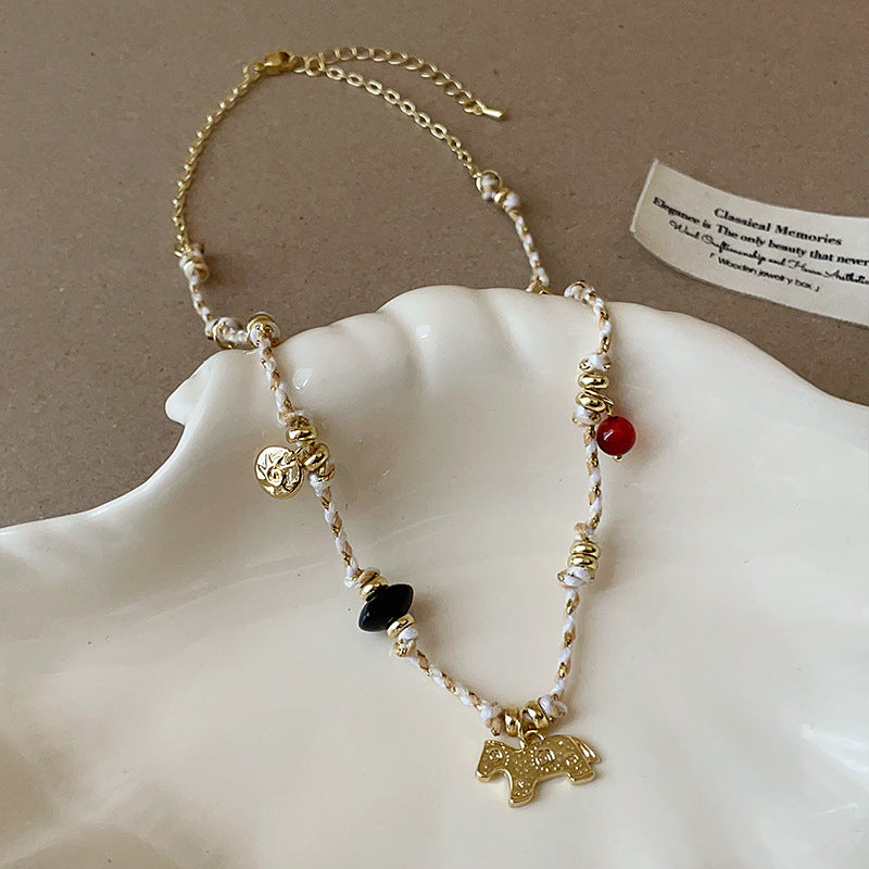 Bohemian Natural Stone Beaded Rope Horse Pendant Necklace with gold plated brass chain wholesale design for boutiques