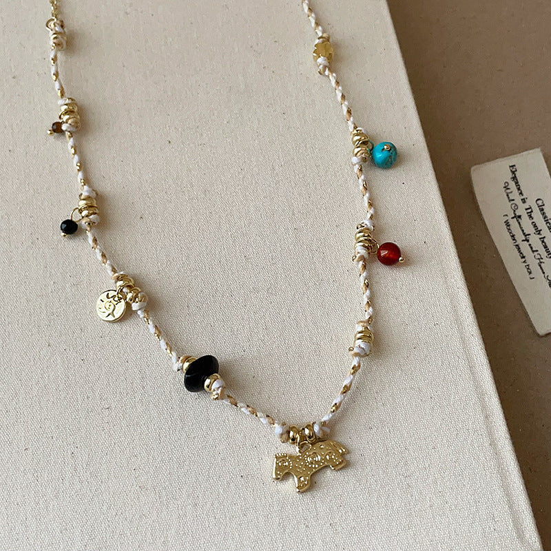 Bohemian Horse Pendant Necklace with natural stone beads brass jewelry wholesale vintage fashion style