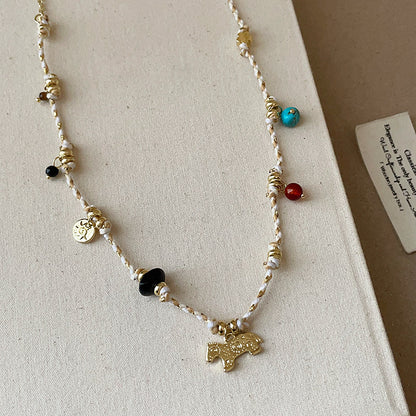 Bohemian Horse Pendant Necklace with natural stone beads brass jewelry wholesale vintage fashion style