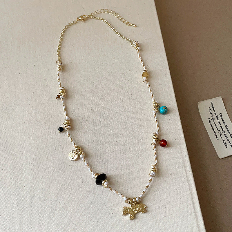 Bohemian Natural Stone Beaded Rope Necklace with gold horse pendant brass necklace wholesale set 