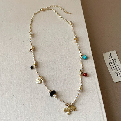 Bohemian Natural Stone Beaded Rope Necklace with gold horse pendant brass necklace wholesale set 