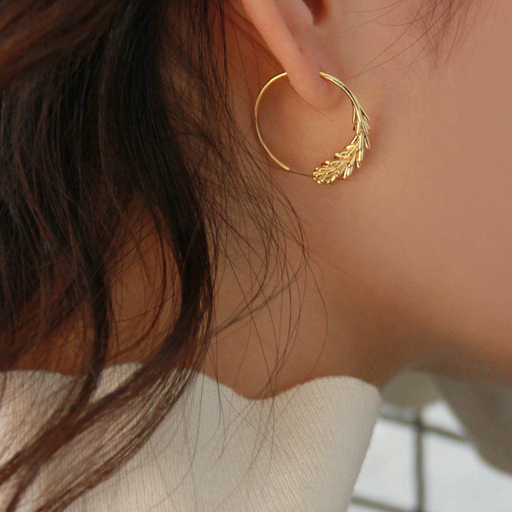 Wheat leaf hoop earrings brass jewelry wholesale bulk 14K gold plated fashion earrings