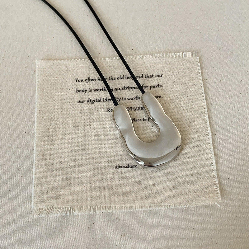 Black cord necklace with silver U shape pendant minimalist pendant statement fashion brass jewelry wholesale