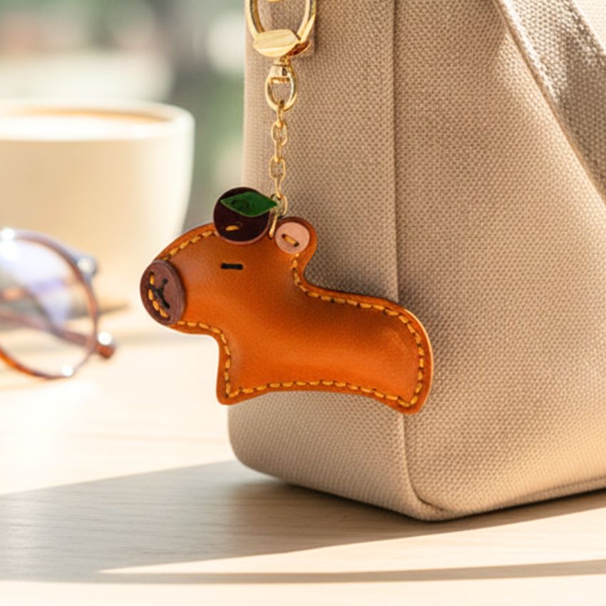 Cute capybara keychain hanging on beige bag, perfect wholesale bag charm for creative gifting or retail