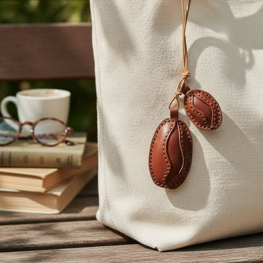 Black handmade leather coffee bean charm with stitched detail