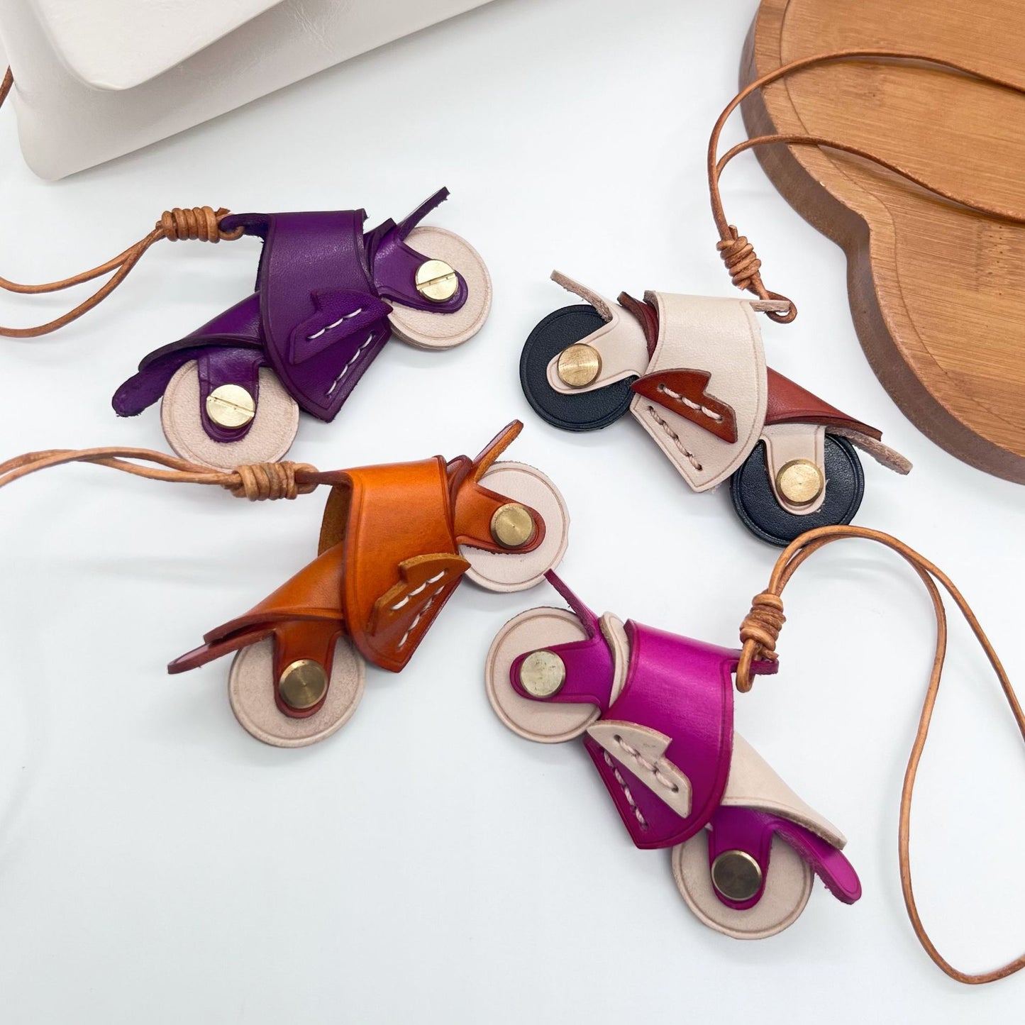 Handmade Cool Motorcycle Keychain Multicolor Leather Bag Charm Wholesale Set of 5 — Cute Bag Accessories for Boutique