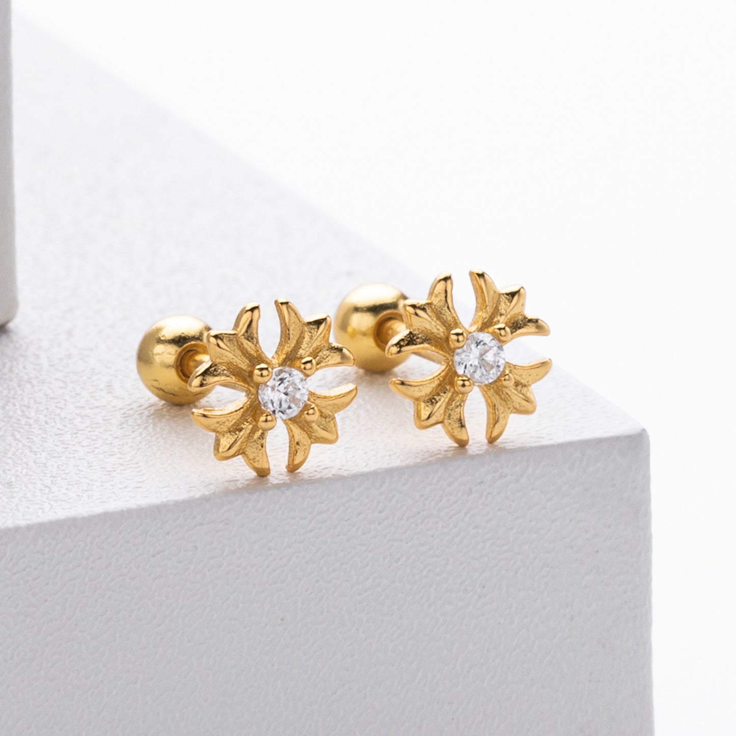 cubic zirconia flower earrings gold plated stud
