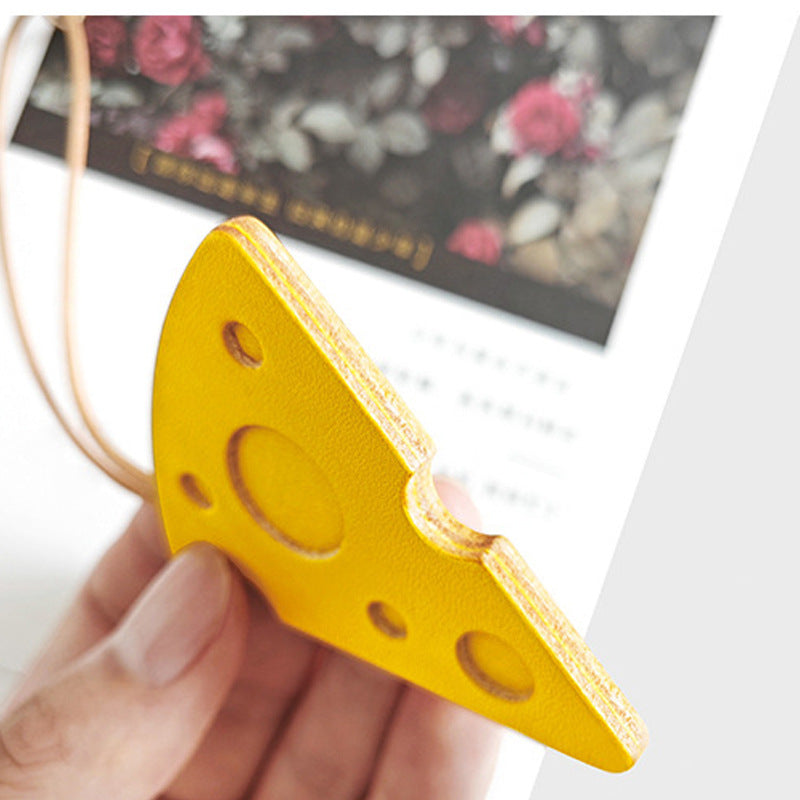 Close-up of Cute Cheese Leather Bag Charm in Yellow – Handmade Genuine Leather Keychain for Handbag Decoration