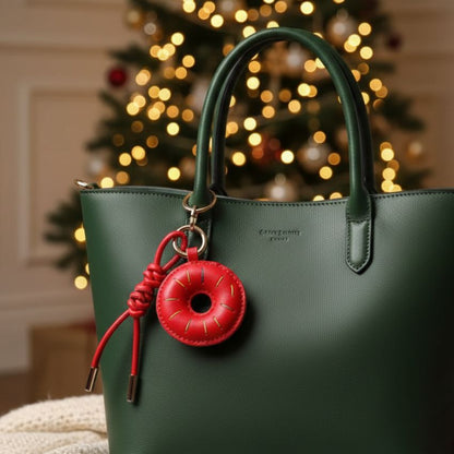 Red Leather Donut Bag Charm Wholesale Handmade Keychain for Handbag Decoration Christmas Gift Set Holiday Purse Accessories
