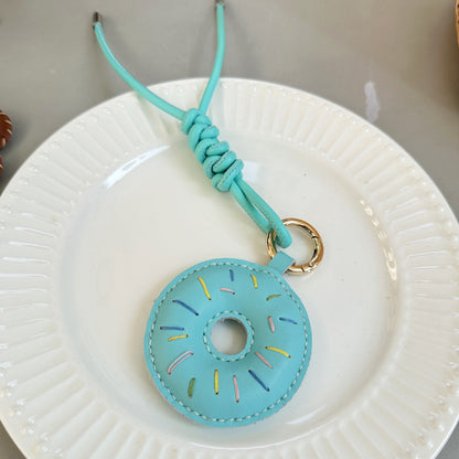 Blue Leather Donut Bag Charm Wholesale Handmade Leather Keychain for Car Rearview Mirror and Cute Gift for Women