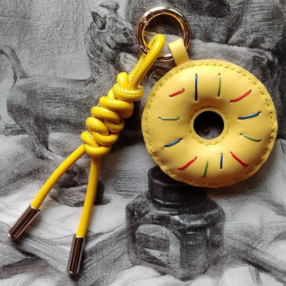 Yellow Leather Donut Bag Charm Wholesale Handmade Leather Keychain for Holiday Gift Set and Purse Decoration