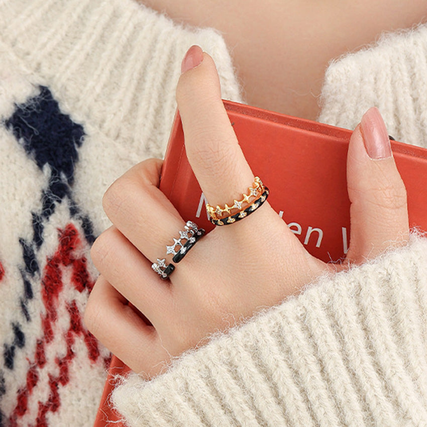 Retro Black Enamel Star Ring Collection with Zircon Five Piece Set