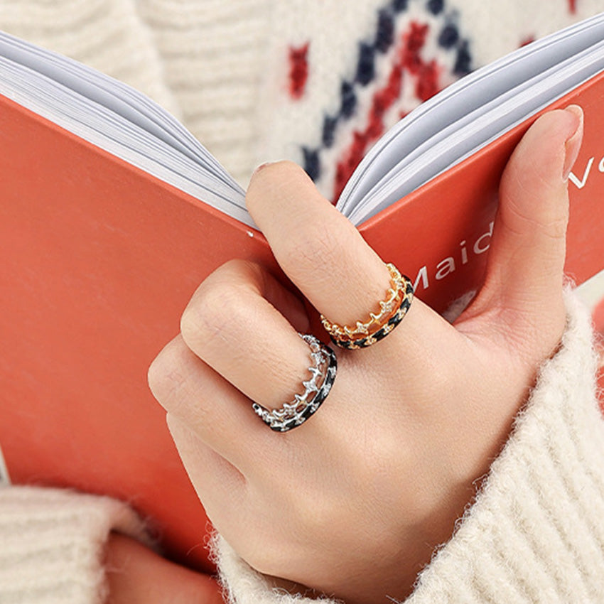 Retro Black Enamel Star Ring Collection with Zircon Five Piece Set