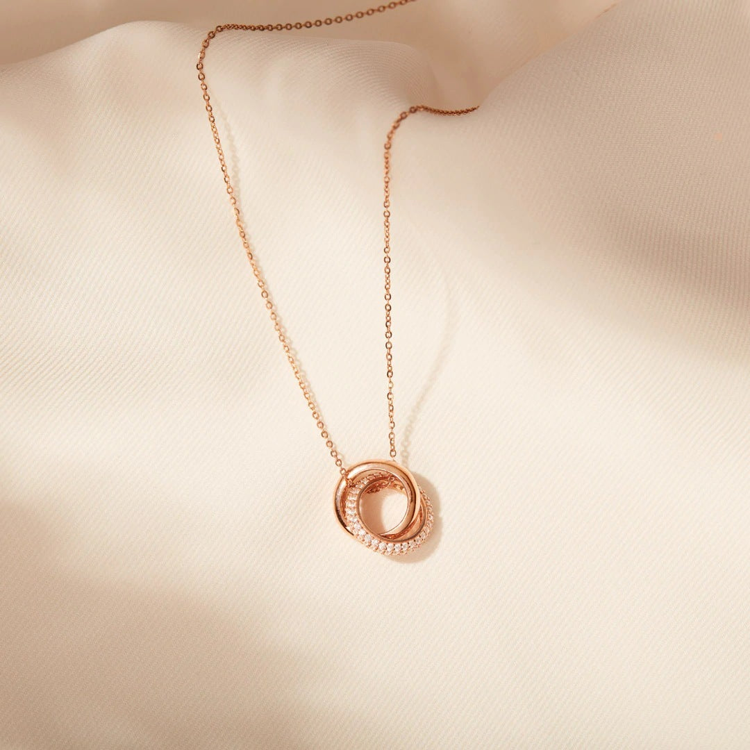 925 Sterling Silver Double Circle Zircon Necklace rose gold plating 