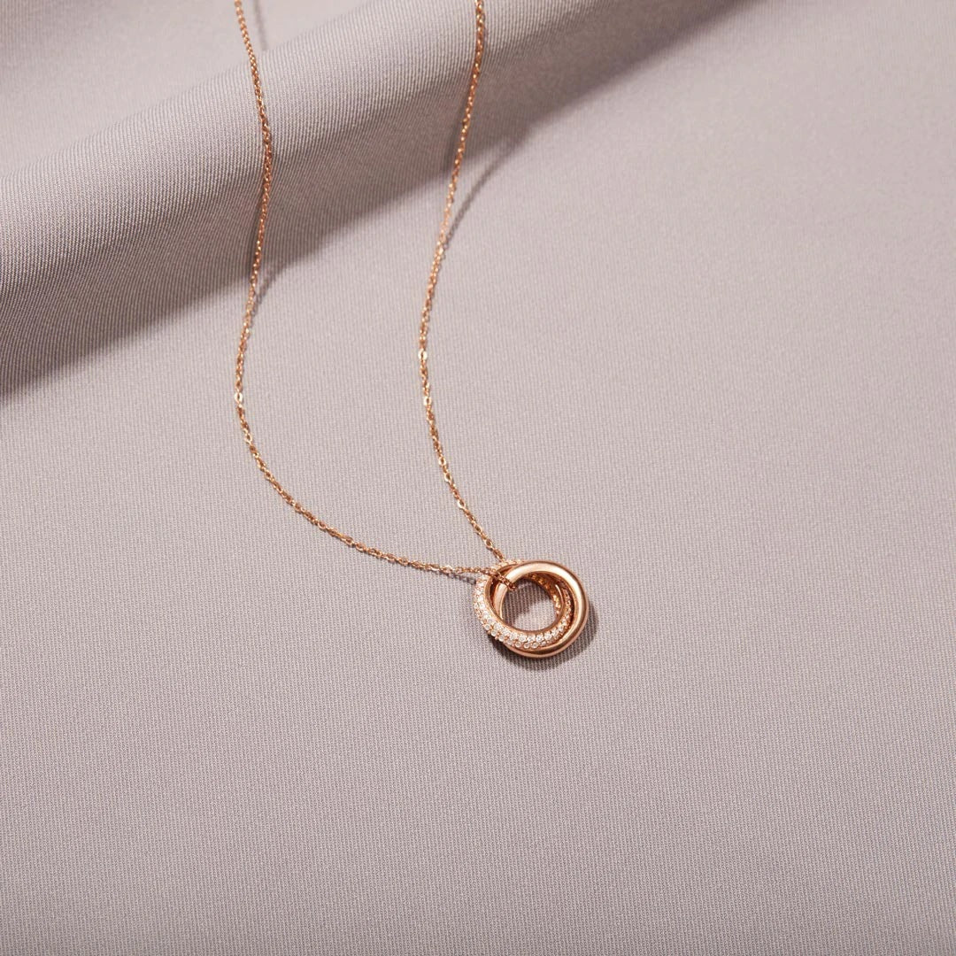 925 Sterling Silver Double Circle Zircon Necklace rose gold plating 