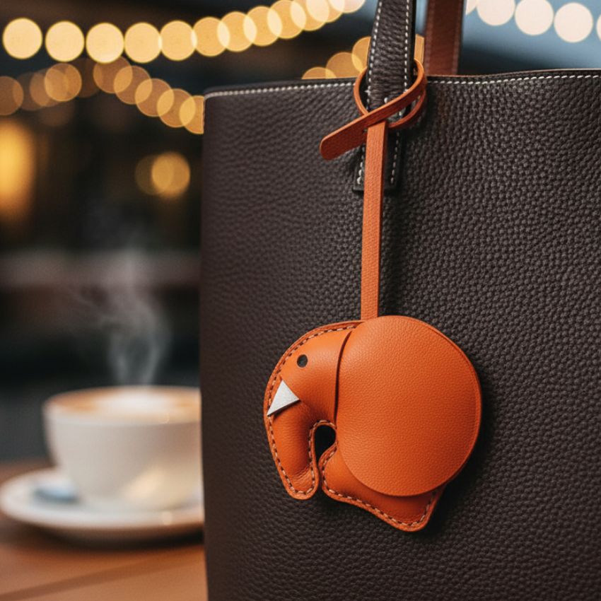 Handmade orange elephant leather bag charm wholesale for handbag accessories and gift ideas for her.