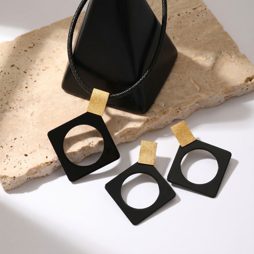 Black gold geometric square statement earrings in stainless steel style for gift shop wholesale jewelry