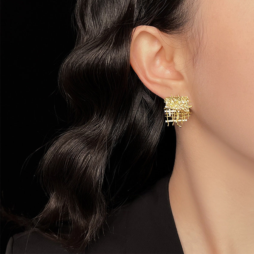 Geometric Statement Earrings with CZ stones gold texture design 925 silver needle brass jewelry wholesale