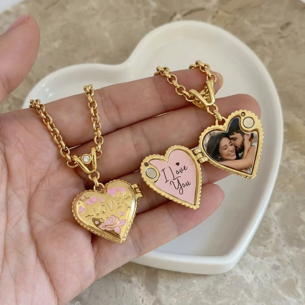 Openable heart locket necklaces showing photo insert and message insert for couple gifting