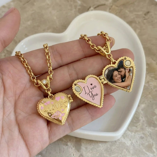 Openable heart locket necklaces showing photo insert and message insert for couple gifting