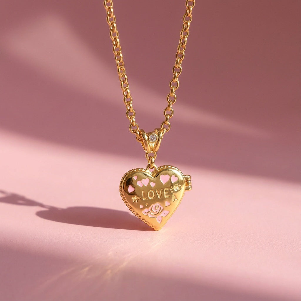 Heart photo locket pendant necklace on pink background with love and rose enamel details